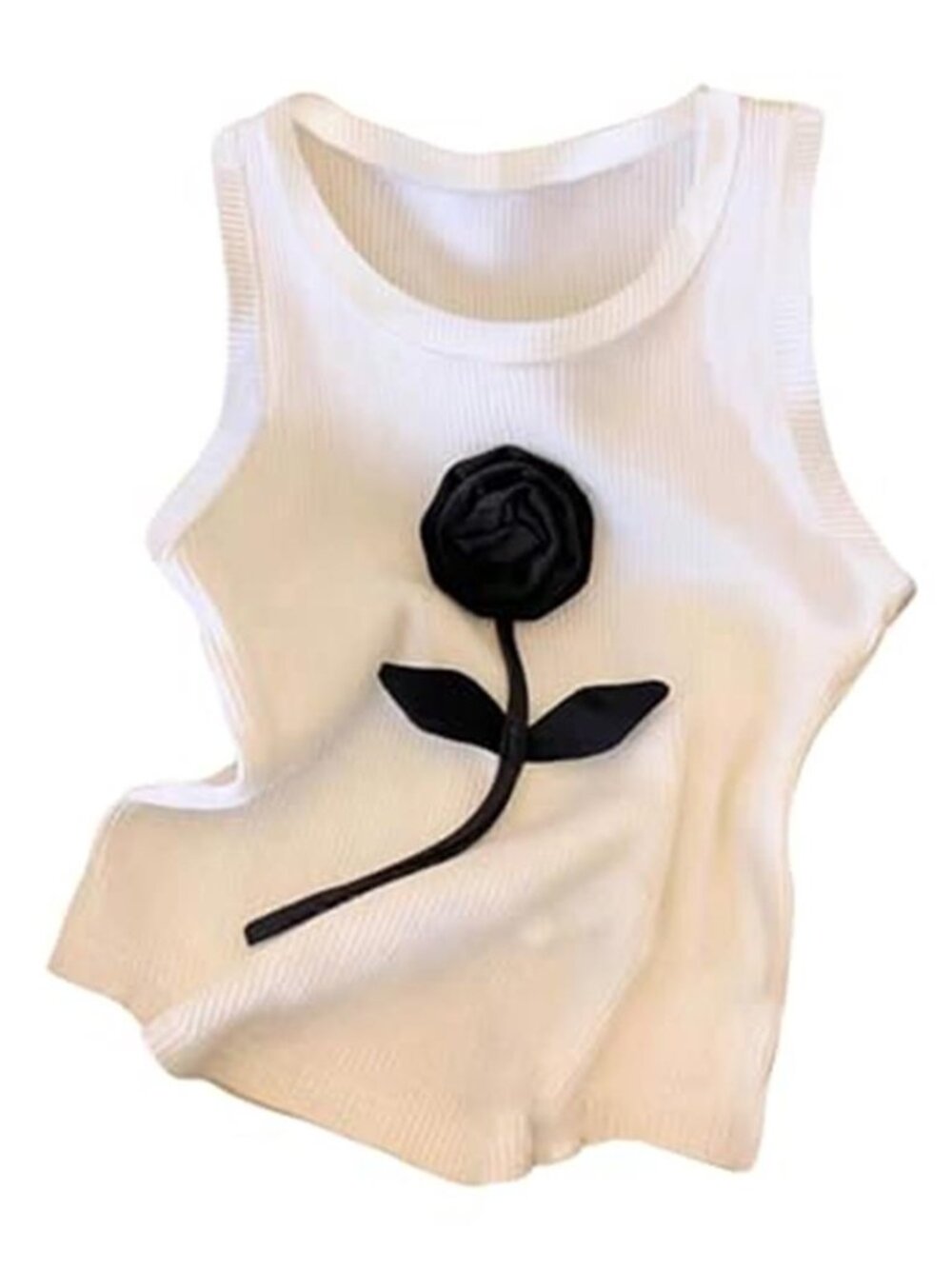 Women's 3D Floral White & Black Tank Top Sleeveless Crew Neck  Knit Ribbed